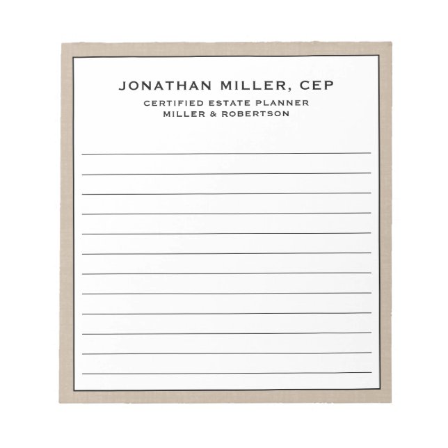 Beige Linen Lined Name Title Company Notepad (Front)