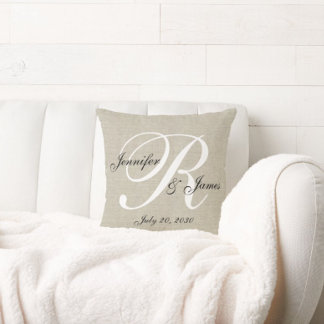 Beige Linen Monogram Newlywed Wedding Keepsake Throw Pillow
