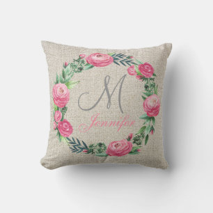 BEIGE LINEN PINK ROSES AND WATERCOLOR LEAVES THROW PILLOW