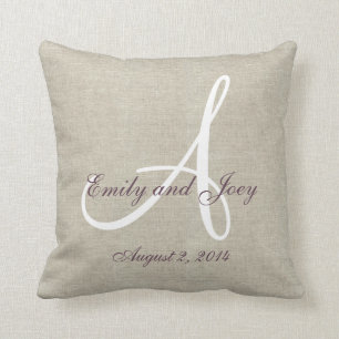 Beige Linen Purple White Monogram Wedding Keepsake Throw Pillow