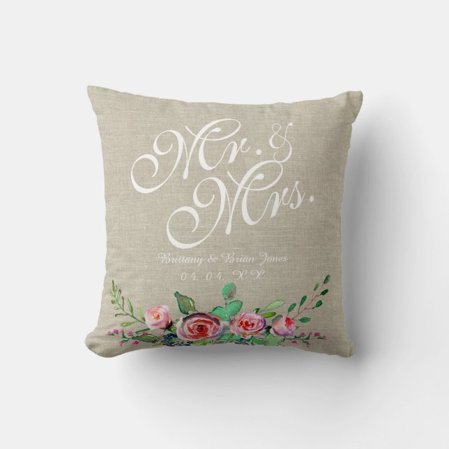 Beige Linen Rustic Floral Mr. Mrs. Wedding Throw Pillow (Front)