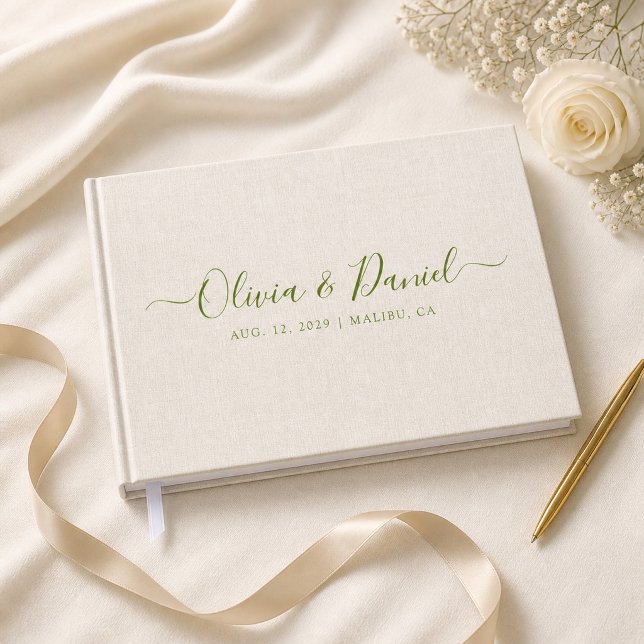 Beige Linen Sage Script Chic Minimalist Wedding Guest Book (Creator Uploaded)