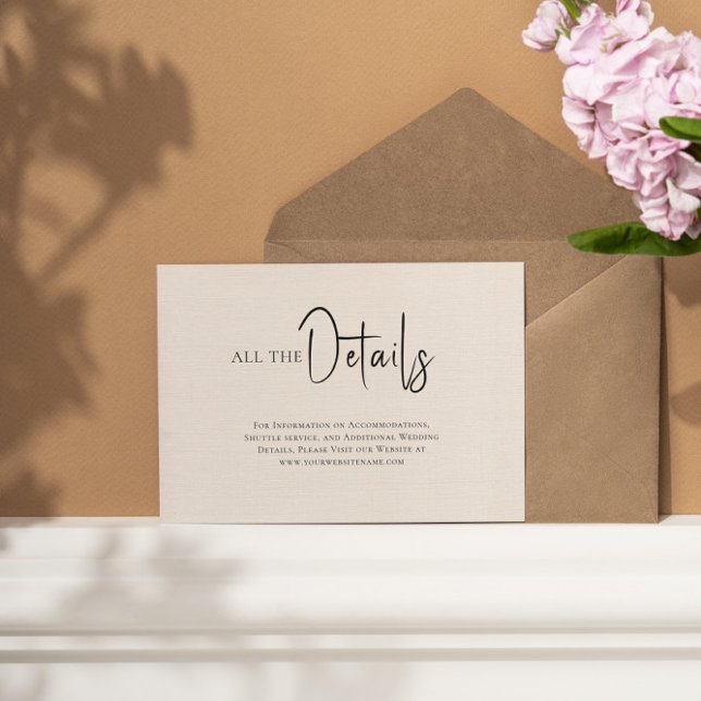 Beige linen Simple Black Script Wedding Details Invitation (Creator Uploaded)