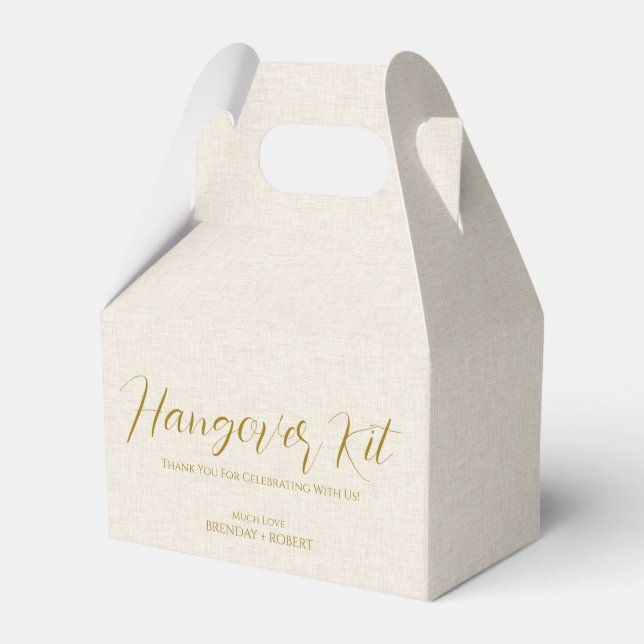 Beige linen Simple Script Hangover Recovery Kit Favor Box (Back Side)