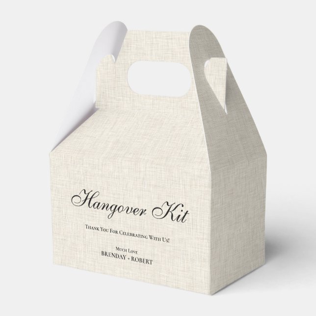 Beige linen Simple Script Hangover Recovery Kit Favor Box (Front Side)