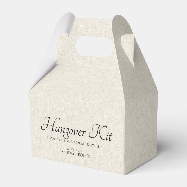 Beige linen Simple Script Hangover Recovery Kit Favor Box (Front Side)