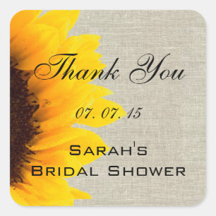Beige Linen Sunflower Thank You Bridal Shower Square Sticker