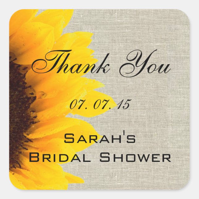 Beige Linen Sunflower Thank You Bridal Shower Square Sticker (Front)