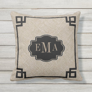 Beige Linen Texture Black Geometric Frame Throw Pillow