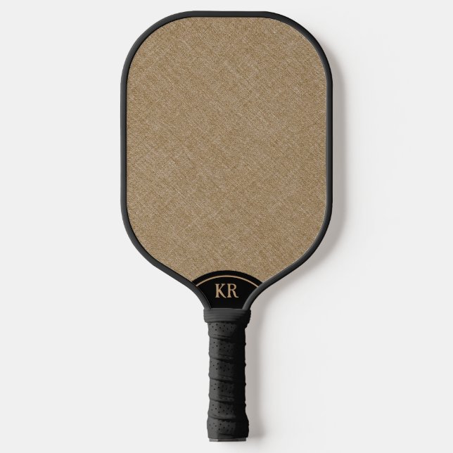 Beige linen texture minimal monogram pickleball paddle (Front)