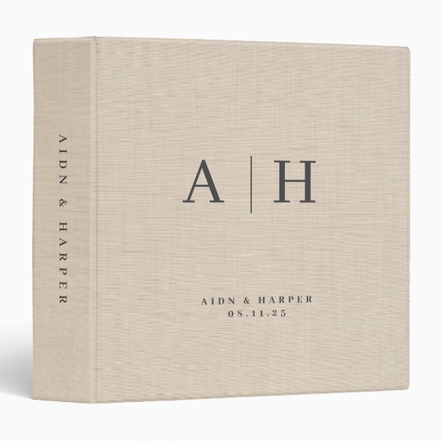 Beige Linen Texture Wedding Note Custom Monogram Binder (Front/Spine)