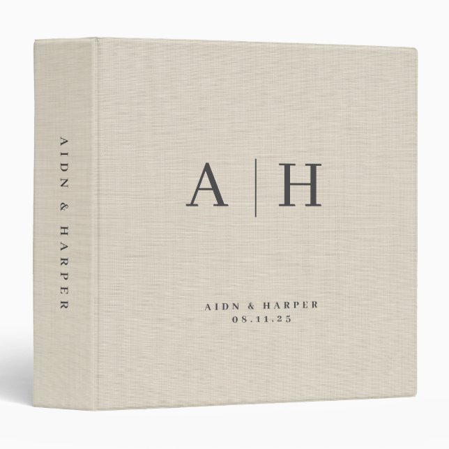 Beige Linen Texture Wedding Note Custom Monogram Binder (Front/Spine)