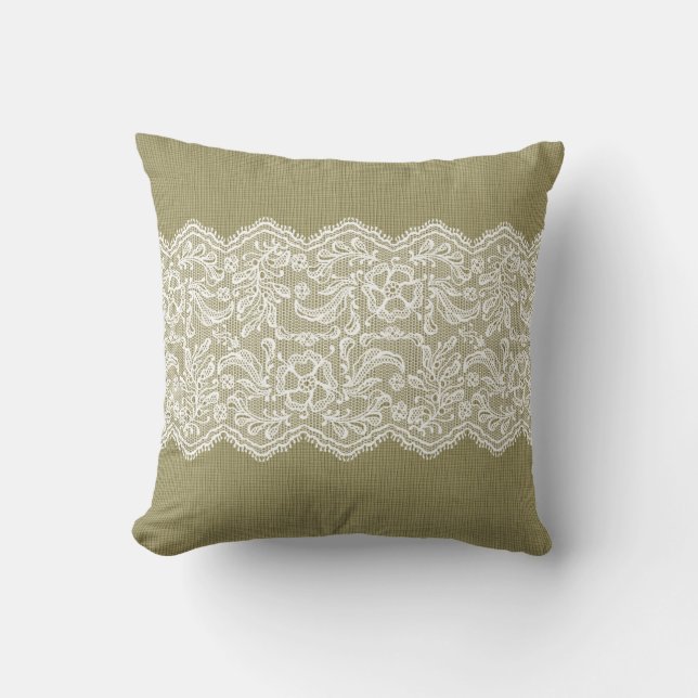Beige Linen & Vintage White Lace Throw Pillow (Front)
