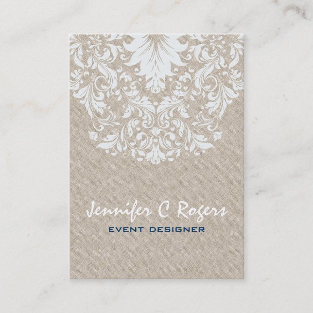 Beige Linen White Floral Lace Event Designer Business Card (Front)