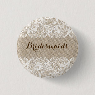 Beige Linen & White Lace Bridesmaids Button