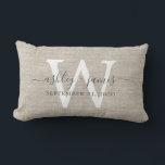 Beige Linen White Monogram Wedding Keepsake Lumbar Pillow<br><div class="desc">Elegant wedding keepsake beige woven linen effect pillow with your text in dark grey chic handwritten script calligraphy. Simply add your names, monogram and wedding date. Great gift for a newlywed couple. Exclusively designed for you by Happy Dolphin Studio. If you need any help or matching products, please contact us...</div>