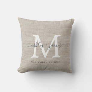Beige Linen White Monogram Wedding Keepsake Throw Pillow