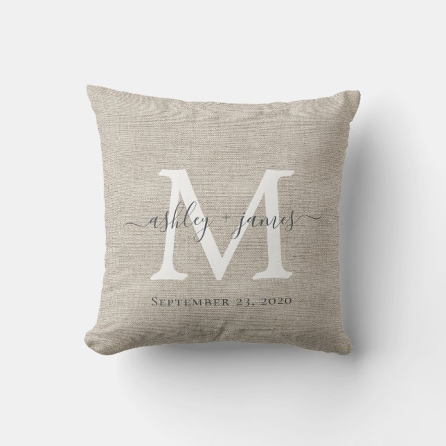 Beige Linen White Monogram Wedding Keepsake Throw Pillow (Front)