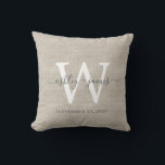 Beige Linen White Monogram Wedding Keepsake Throw Pillow<br><div class="desc">Elegant wedding keepsake beige woven linen effect pillow with your text in dark grey chic handwritten script calligraphy. Simply add your names, monogram and wedding date. Great gift for a newlywed couple. Exclusively designed for you by Happy Dolphin Studio. If you need any help or matching products, please contact us...</div>