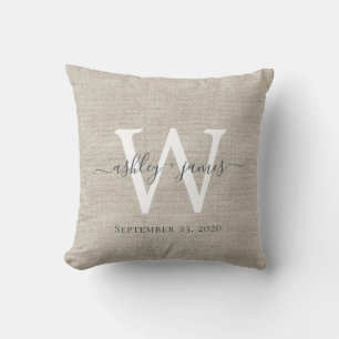 Beige Linen White Monogram Wedding Keepsake Throw Pillow