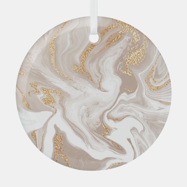 Beige liquid marble, gold line art. glass ornament (Front)
