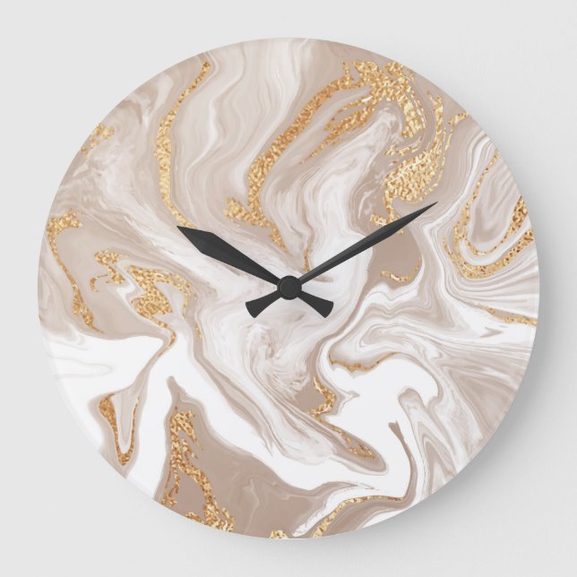 Beige liquid marble, gold line art. large clock (Front)