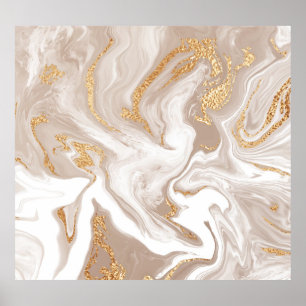 Beige liquid marble, gold line art. poster