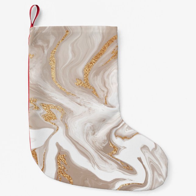 Beige liquid marble with glitter gold small christmas stocking (Front)