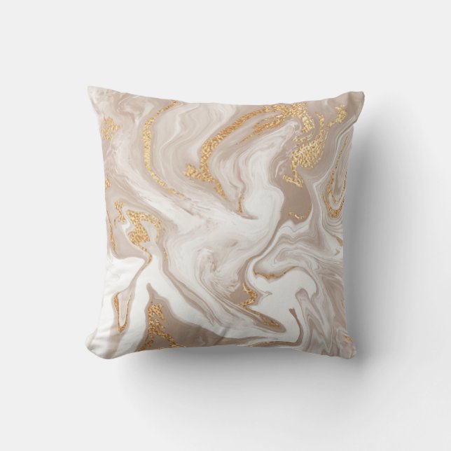 Beige liquid marble with glitter gold throw pillow (Front)
