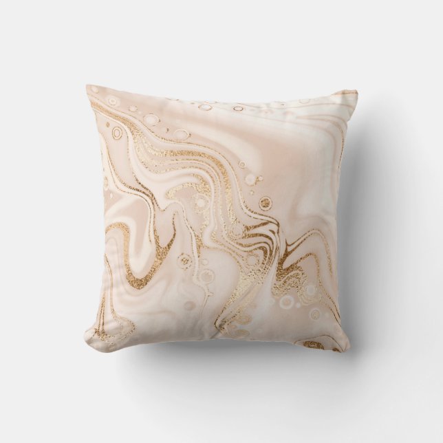 Beige liquid marble with gold glitter splash throw pillow (Front)