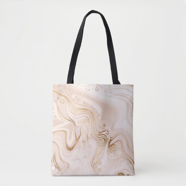 Beige liquid marble with gold glitter splash tote bag (Front)