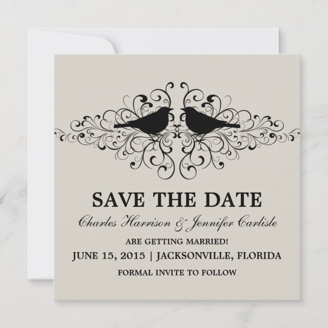 Beige Love Bird Swirls Save the Date Invite (Front)