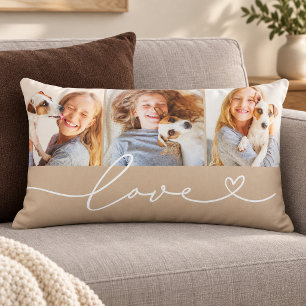 Beige Love Heart Script 3 Photo Lumbar Pillow