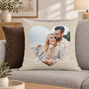 Beige Love Script Heart Photo Couple Throw Pillow