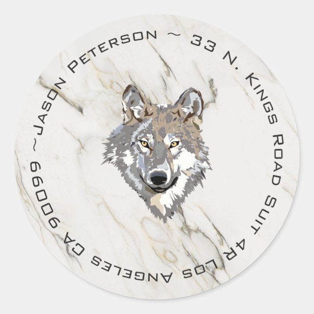 Beige Marble And Wolf Classic Round Sticker (Front)