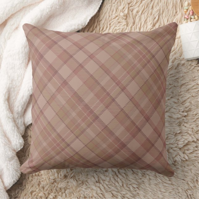 Beige Mauve Plaid Pattern Design Throw Pillow (Blanket)