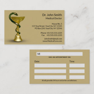 Beige Medical Bowl Snake Hygieia Gold Caduceus Appointment Card