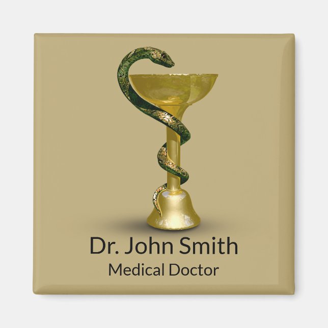 Beige Medical Bowl Snake Hygieia Gold Caduceus Magnet (Front)
