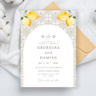 Beige Mediterranean Tile Lemons & Photo Wedding Invitation