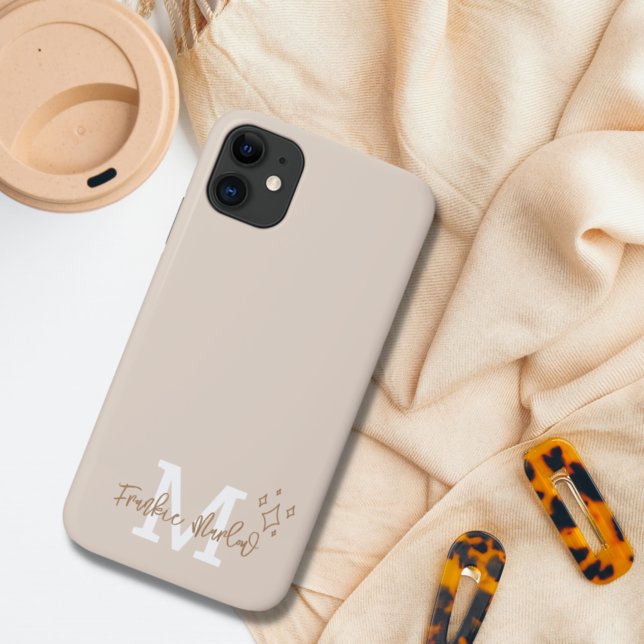 Beige Minimal Modern Initial Monogram Name Case-Ma Case-Mate iPhone Case (Creator Uploaded)