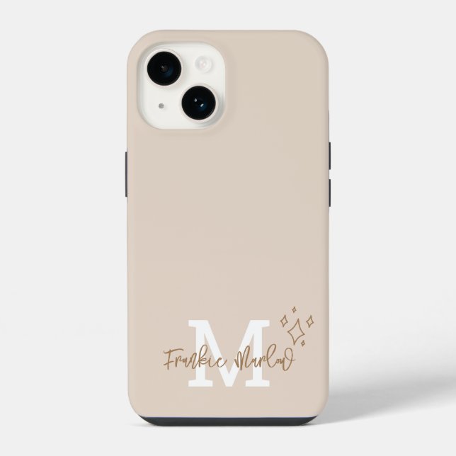 Beige Minimal Modern Initial Monogram Name iPhone Case (Back)
