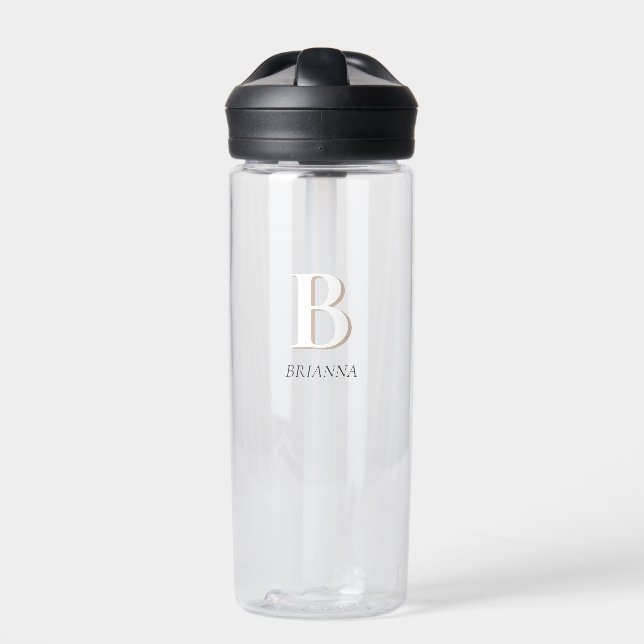 Beige Minimal Modern Initial Monogram Water Bottle (Front)