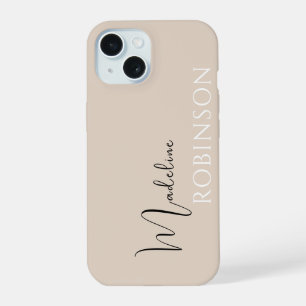 Beige Minimal Modern Initial Name Script iPhone 15 Case