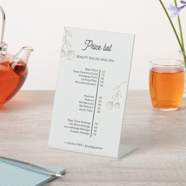 Beige Minimalist Beauty Salon Price List Pedestal Sign (In SItu)