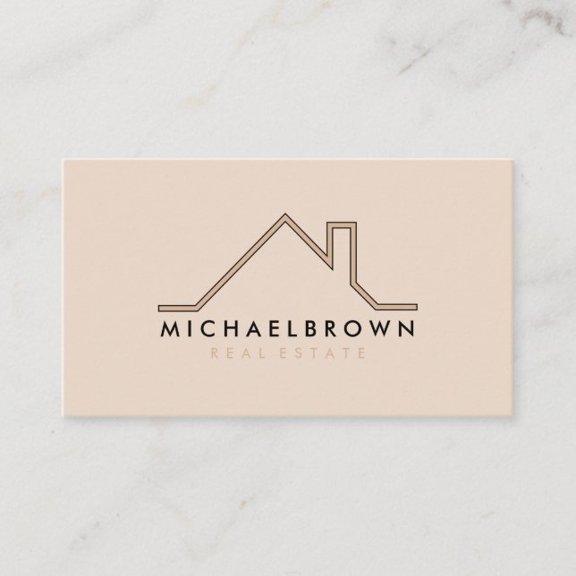 Beige Minimalist Modern House Real Estate Agent Business Card (Front)