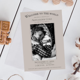 Beige Minimalist Photo Birth Announcement
