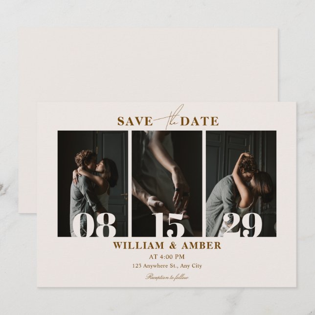 Beige minimalist photo collage wedding save the date (Front/Back)