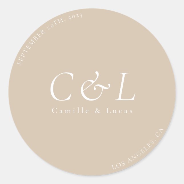 Beige Minimalist wedding classic round sticker (Front)