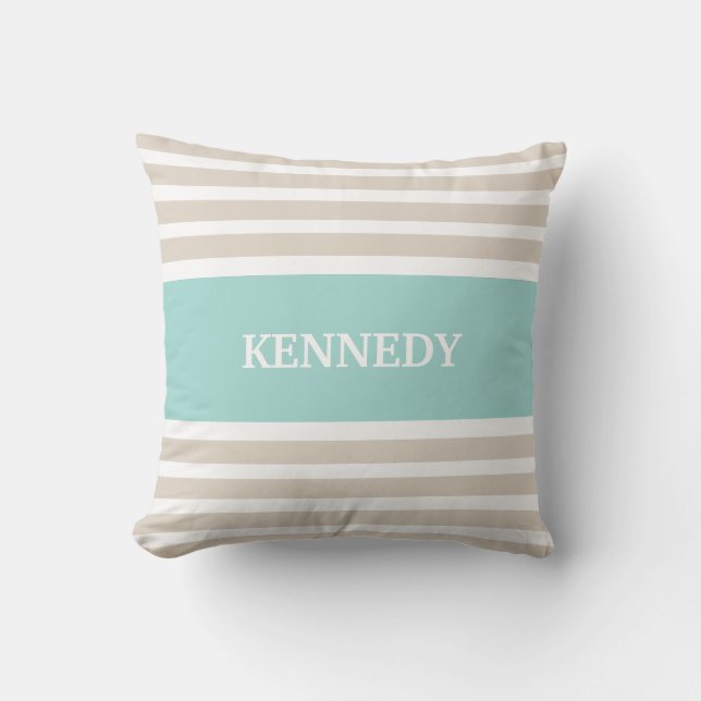 Beige Mint Green Stripes Monogram Throw Pillow (Front)