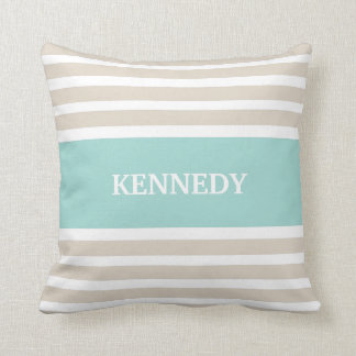 Beige Mint Green Stripes Monogram Throw Pillow